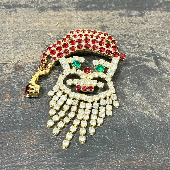 Vintage Santa Claus Brooch Red Black Clear Prong Setting Crystal Rhinestones - Picture 8 of 8